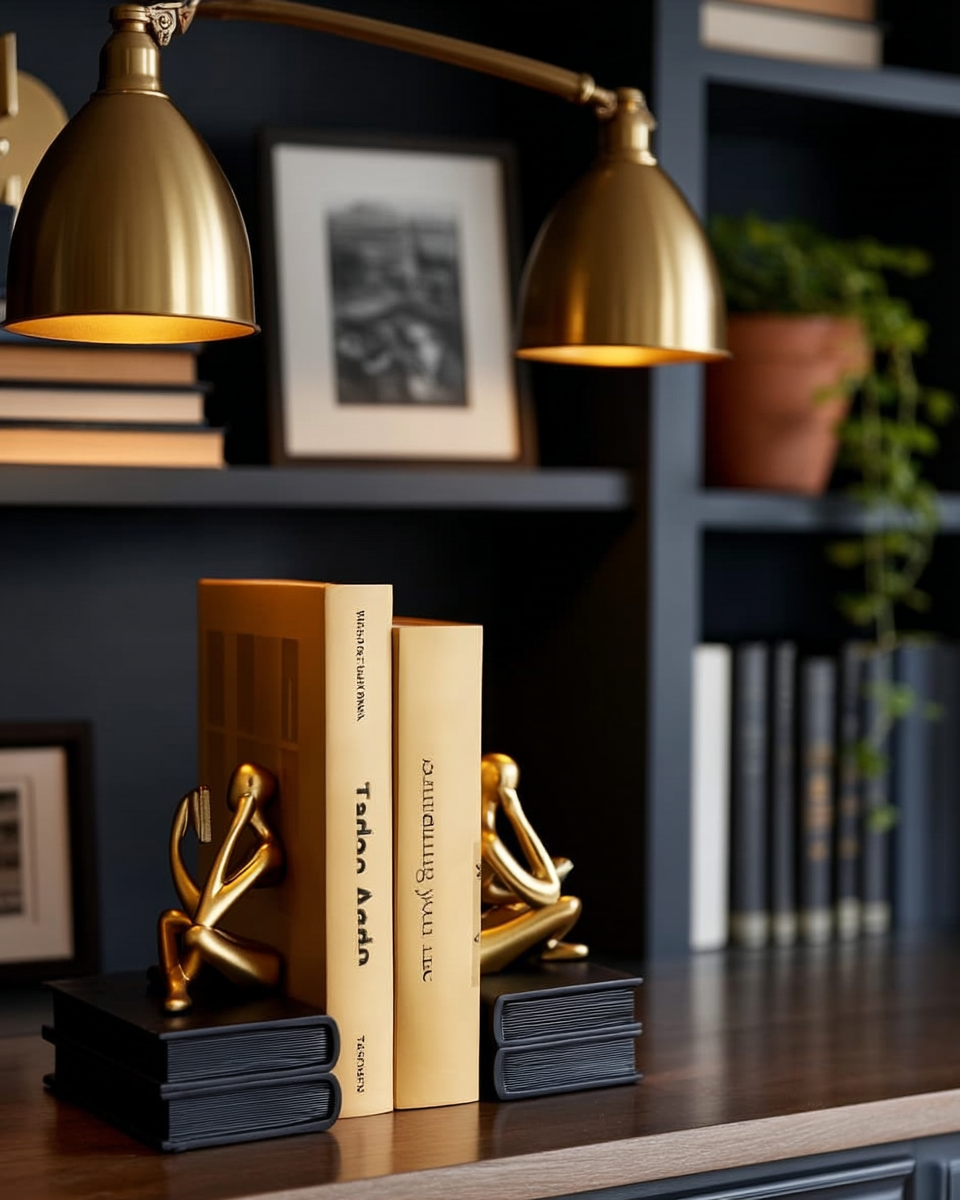 Black and gold reading thinker bookends