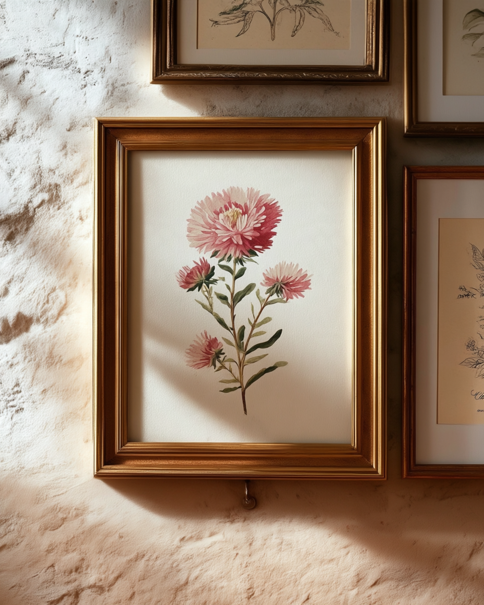 Framed vintage-style birth flower botanical wall art in a gold frame, part of a gallery wall grouping