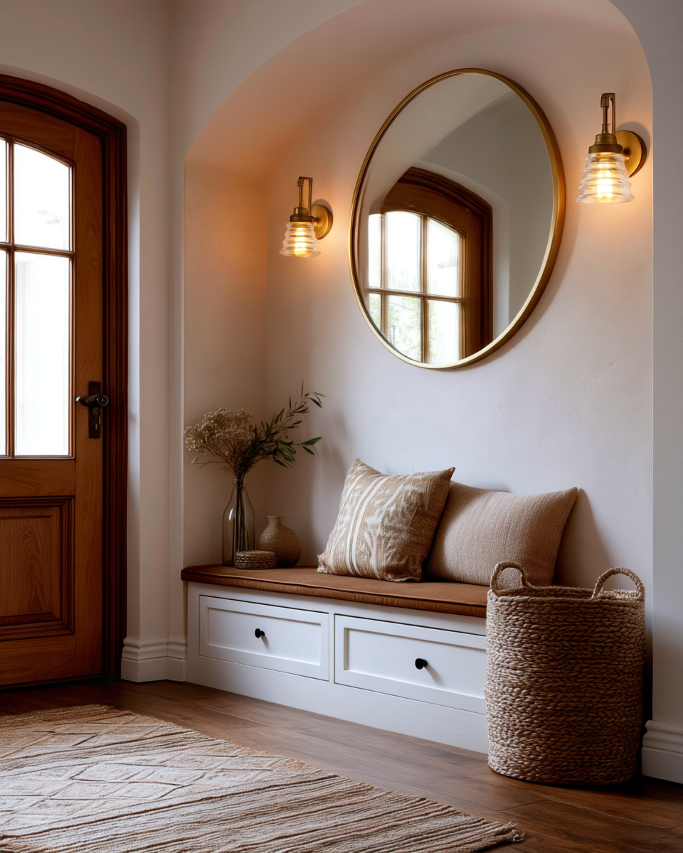 Brass wall sconce with a fluted glass shade mounted beside a round mirror in an arched entryway alcove