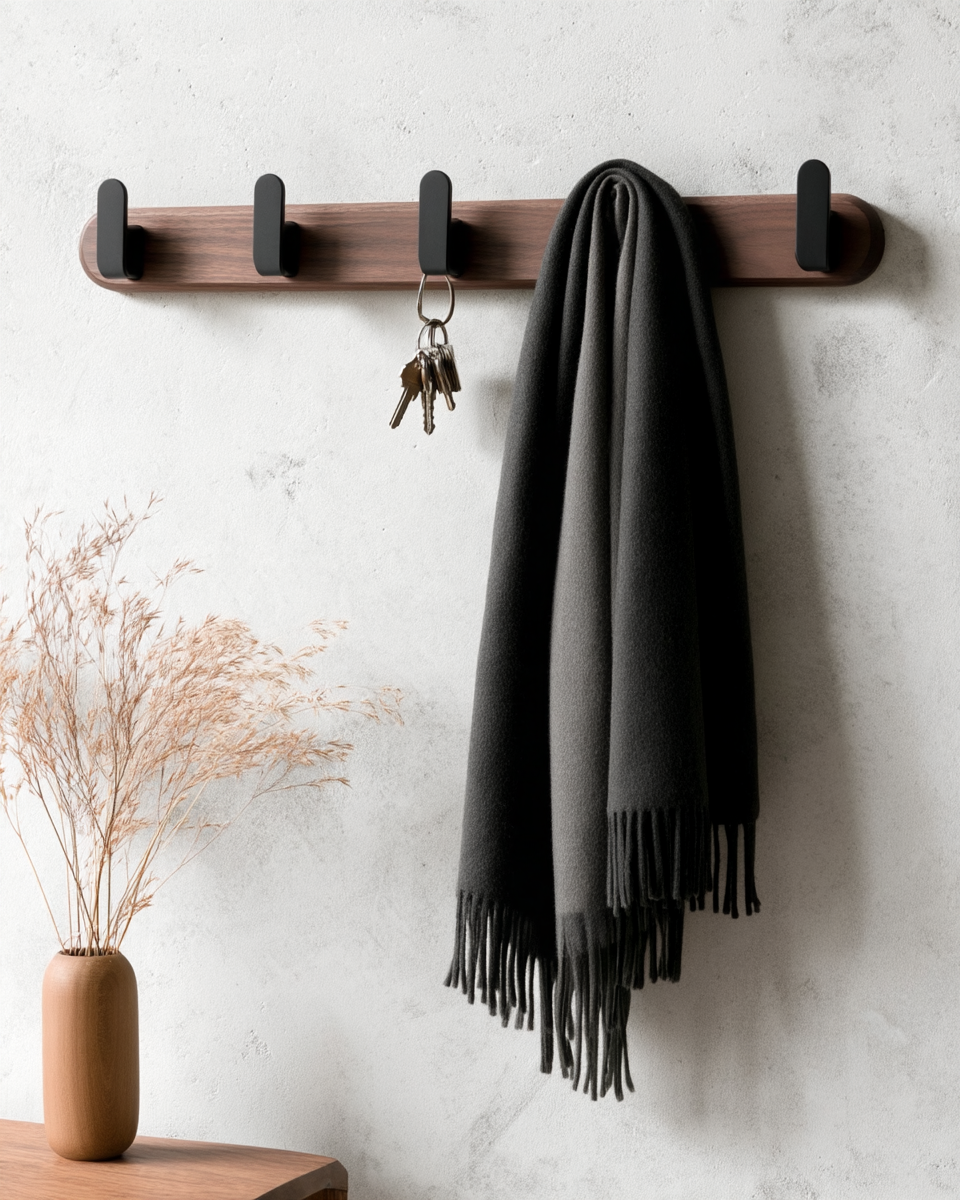 Solid black walnut wall-mounted coat rack with five matte black hooks holding keys and a scarf