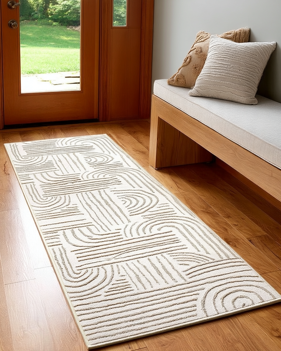 Cream textured runner rug with an arced geometric pattern laid on a wood floor beside a cushioned entryway bench
