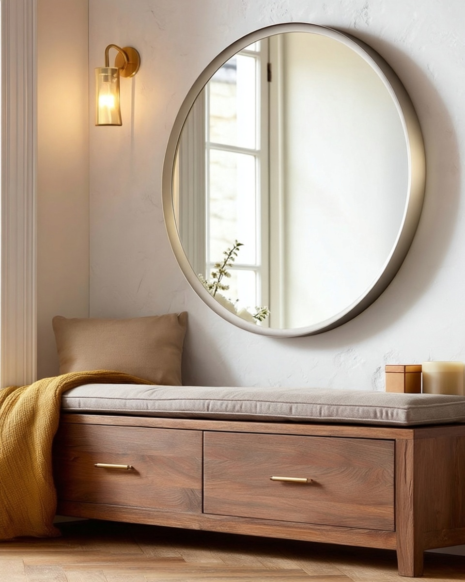 Round 30 inch mirror in a slim silver frame mounted above a storage bench