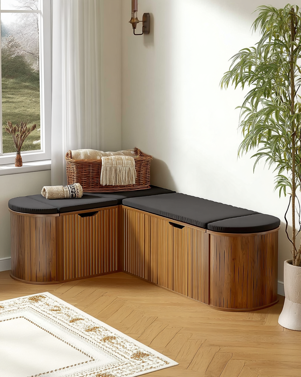 Warm walnut L-shaped corner storage bench with black cushions and lidded storage compartments