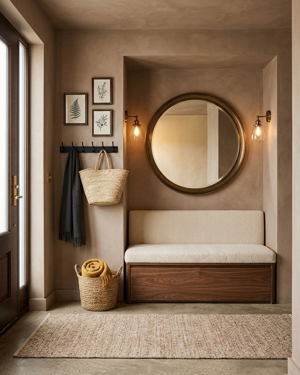 Warm taupe plastered entryway alcove with a bronze-framed round mirror flanked by two brass sconces above a cream boucle storage bench, coat hooks with a woven tote and scarf, a small gallery of botanical wall art, and a jute basket with a mustard throw on a woven rug