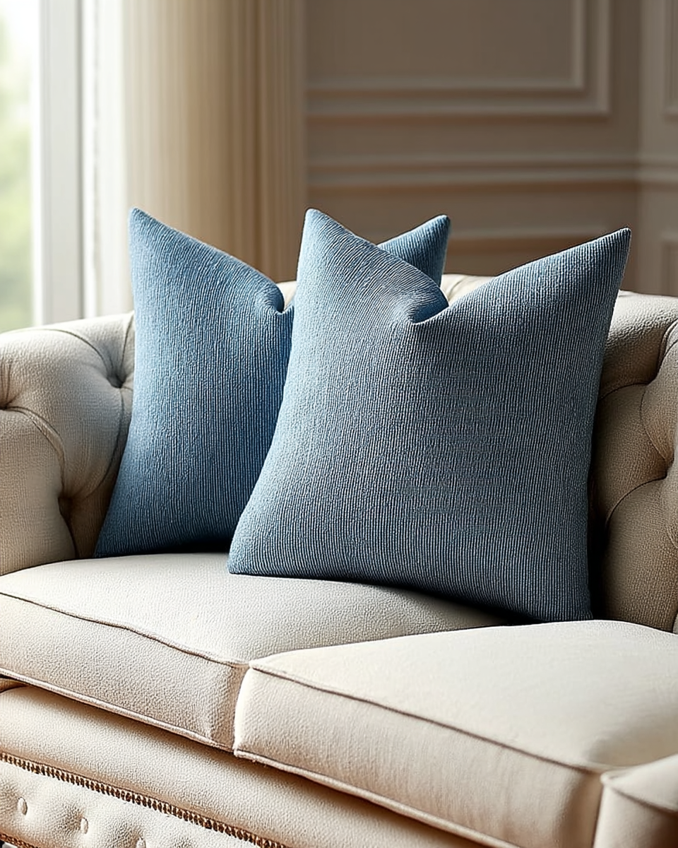 Two square dusty blue textured pillow covers with a subtle woven linen-look finish, propped against a cream sofa