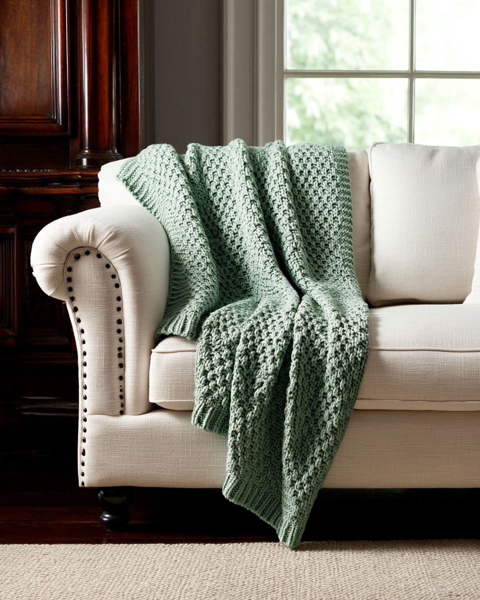 Sage green chunky cable knit throw blanket draped over the arm of a cream sofa