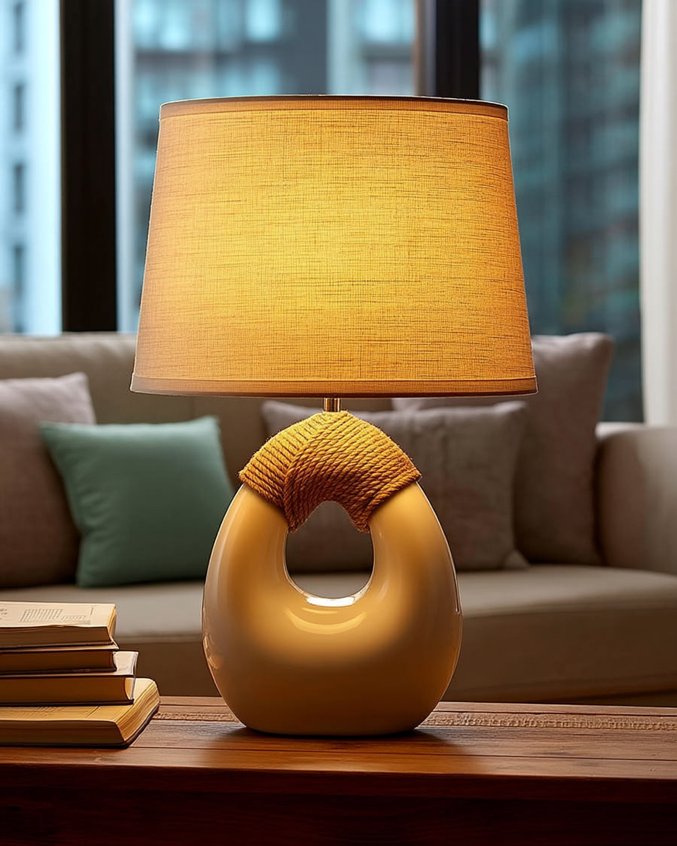 Cream ceramic table lamp with a woven rattan collar and linen drum shade, glowing warm on a side table