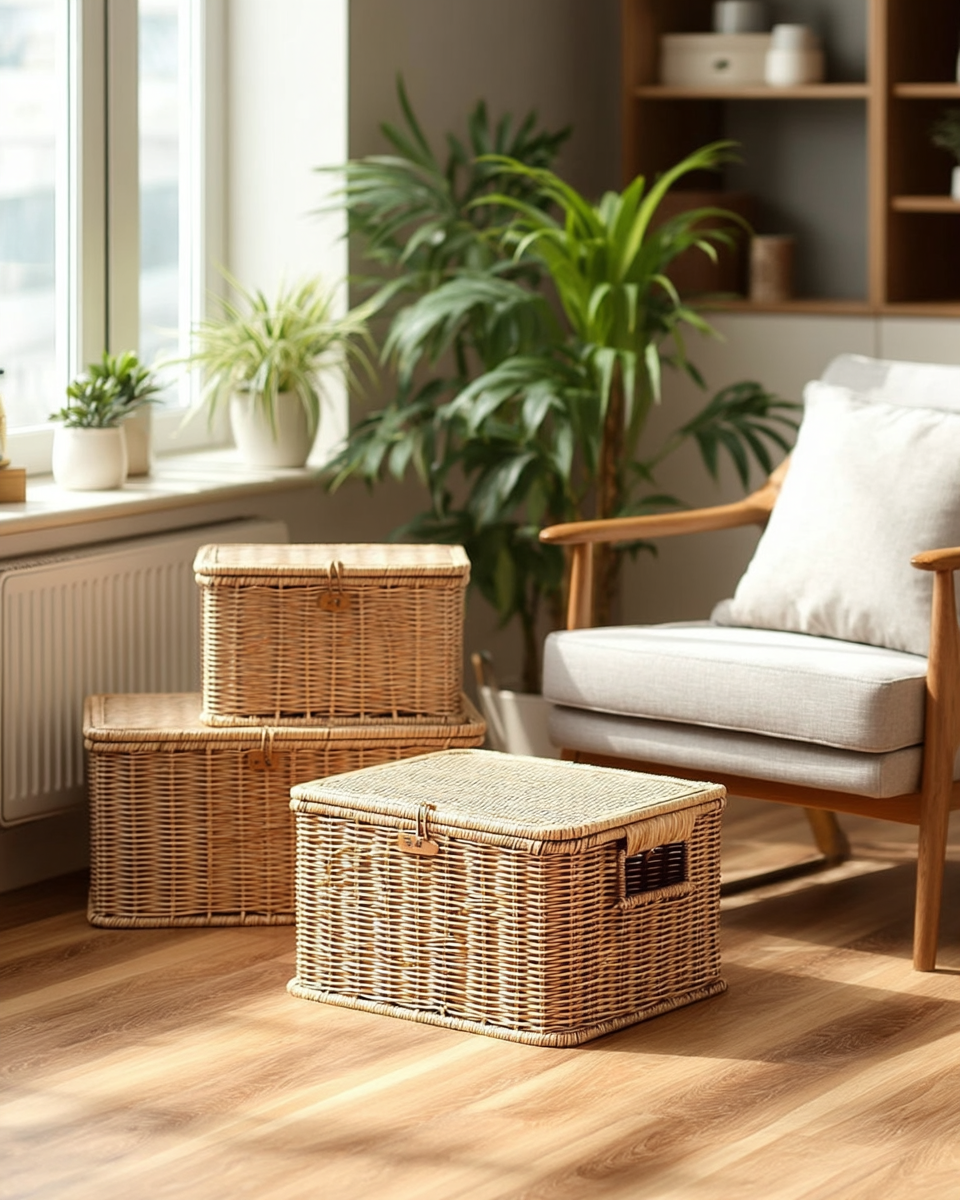 Three stacking woven wicker storage trunks with lids, graduated in size
