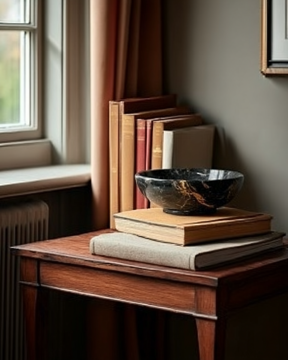 Black and gold-veined solid marble decorative bowl