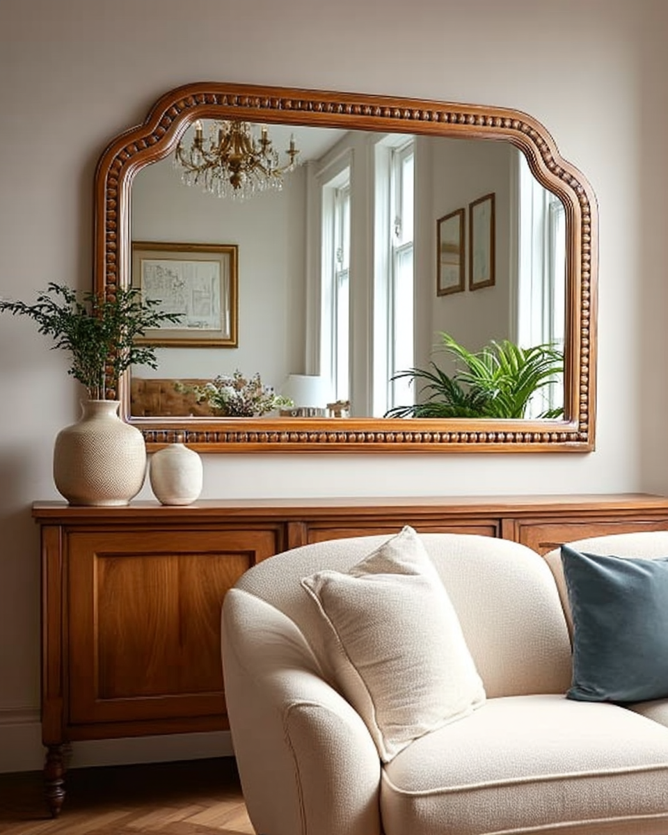 Wide camelback-arched wall mirror in a carved honey-oak frame with beaded molding, mounted above a wood console