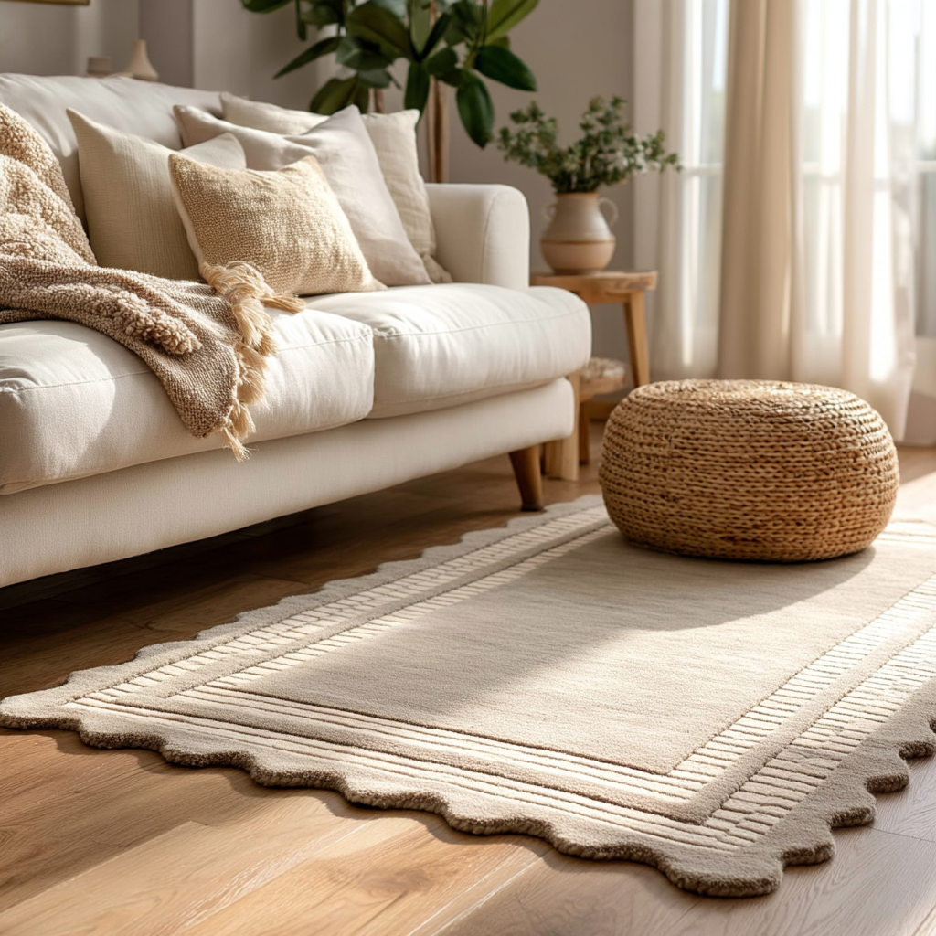 Oatmeal hand-tufted wool area rug with a scalloped edge and a subtle striped border