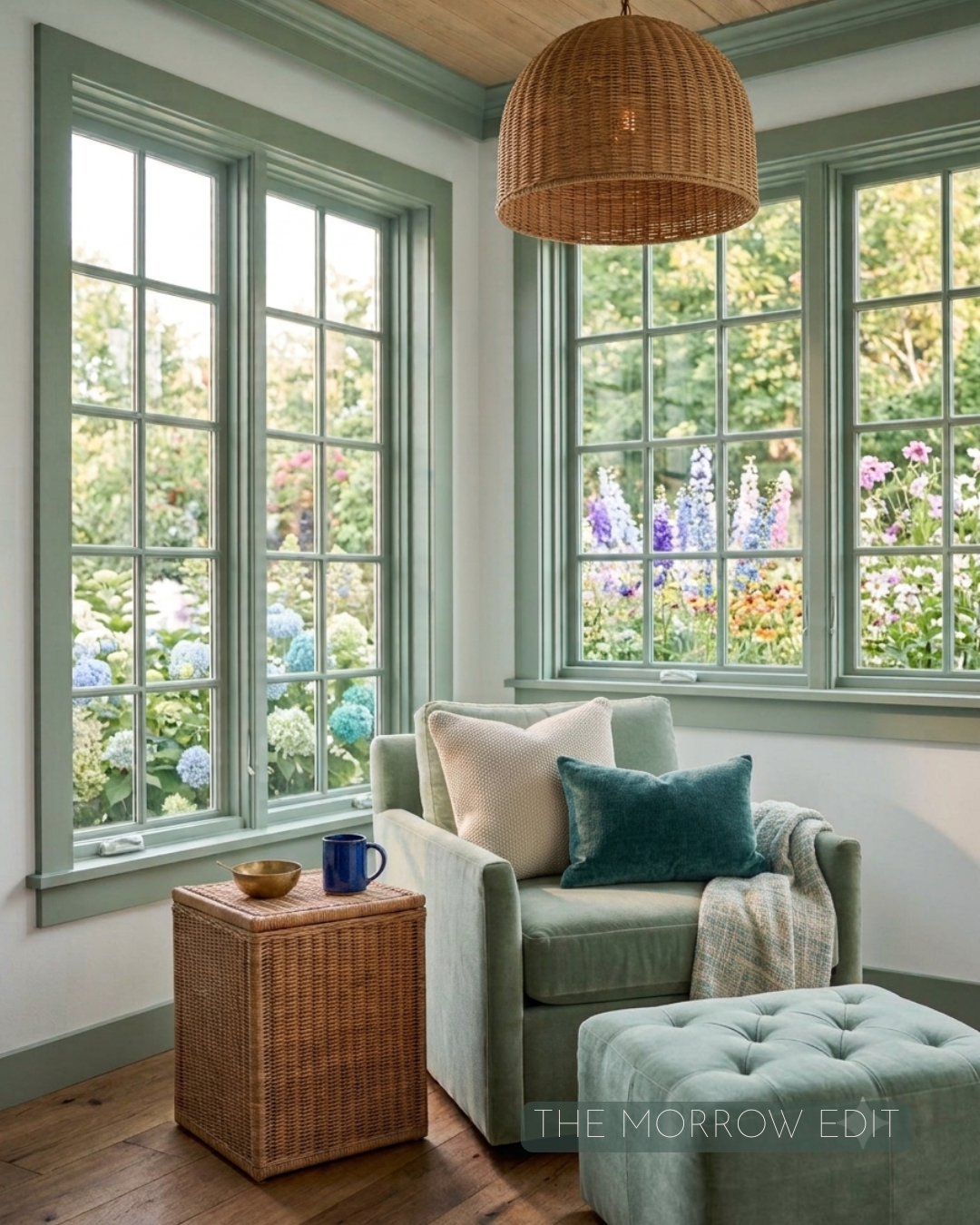 Sunlit sage-green sunroom reading nook with garden-view windows, a woven wicker storage cube, and layered sage and teal pillows