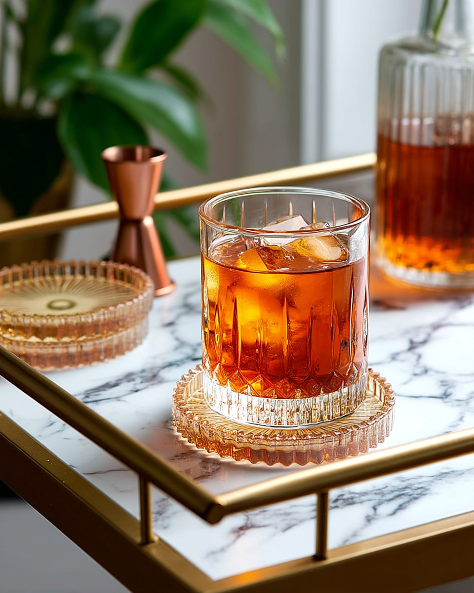 Faceted amber-cut glass coasters, one holding a whiskey glass with ice, arranged on a bar cart beside a copper jigger and a crystal decanter