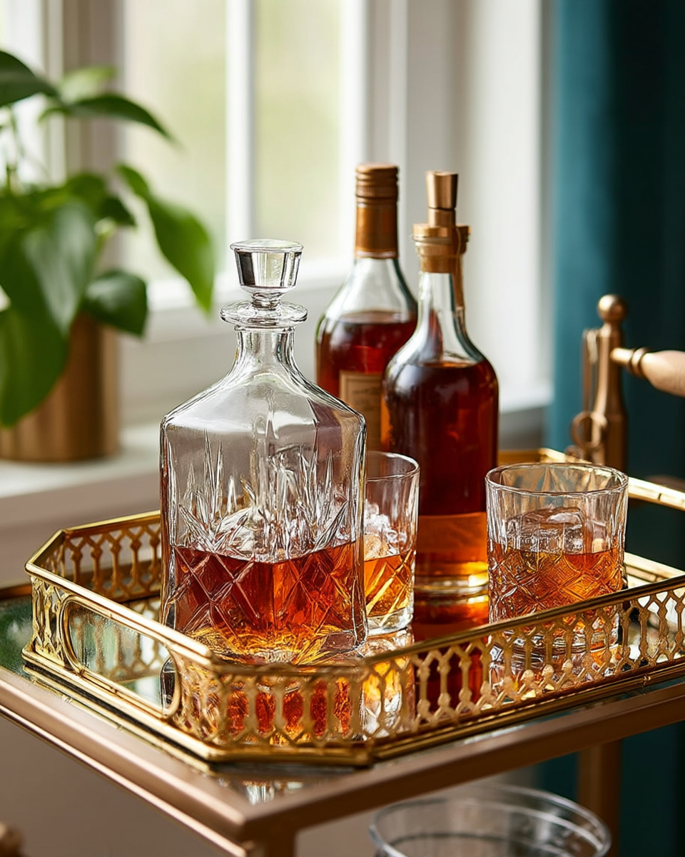 Rectangular mirrored gold bar tray holding a cut-crystal decanter, two liquor bottles, and two rocks glasses, styled on a brass bar cart by a window