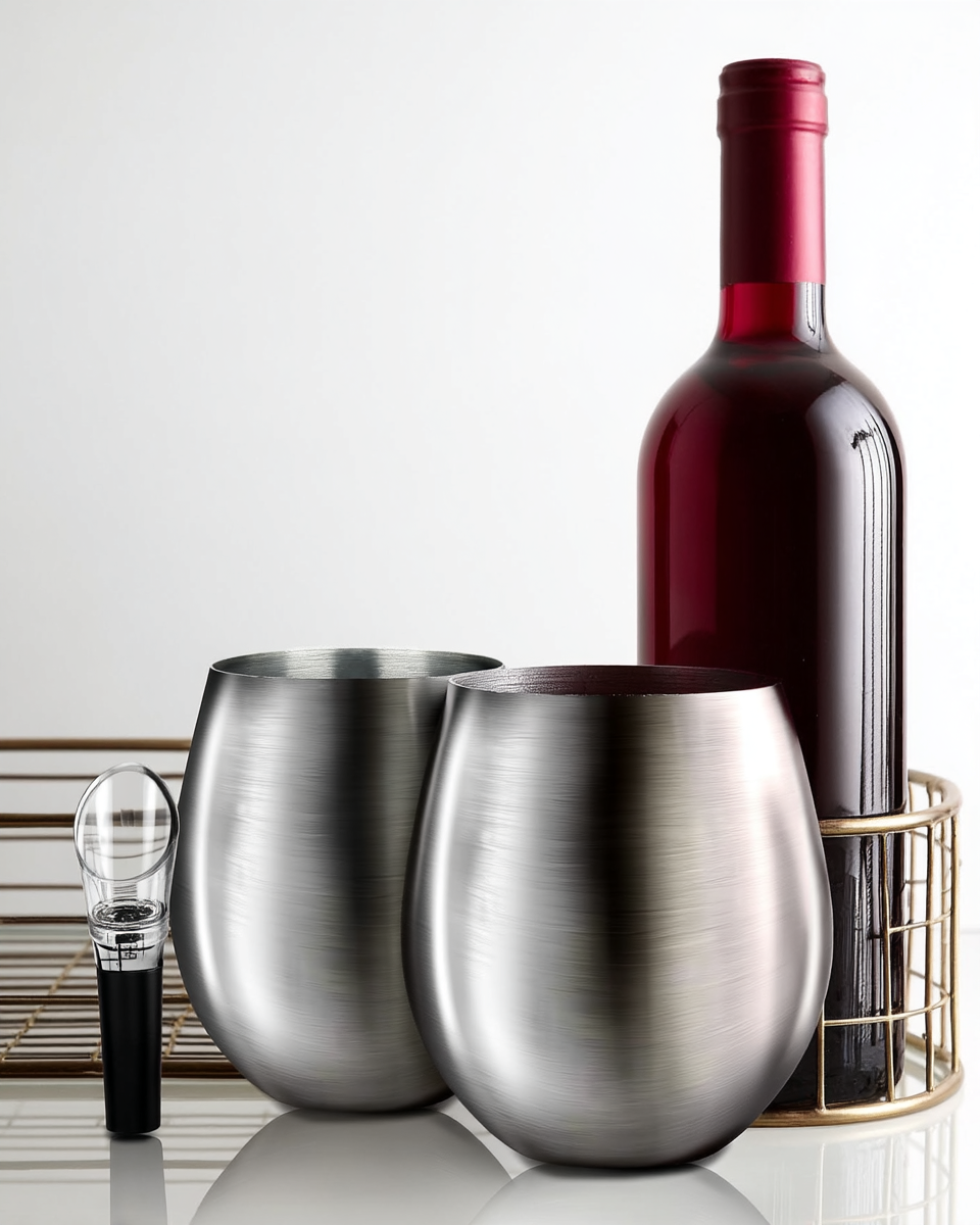 Two brushed stainless-steel stemless wine glasses beside a wine aerator and pour stopper, with a bottle of red wine resting in a wire bottle holder
