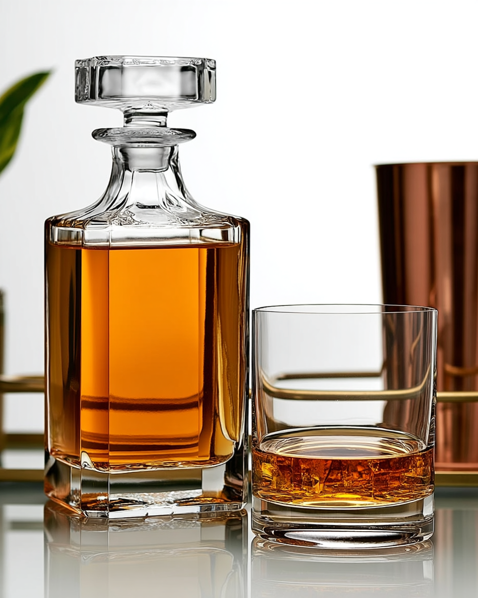 Square cut-crystal whiskey decanter filled with amber liquid beside a matching rocks glass, with a copper cocktail shaker visible just behind