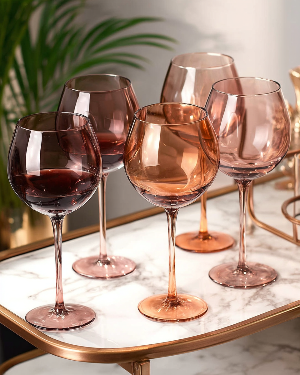 Balloon-bowled stemmed wine glasses in a gradient of mauve, rose-brown, and amber tones, clustered on the marble top shelf of a brass bar cart