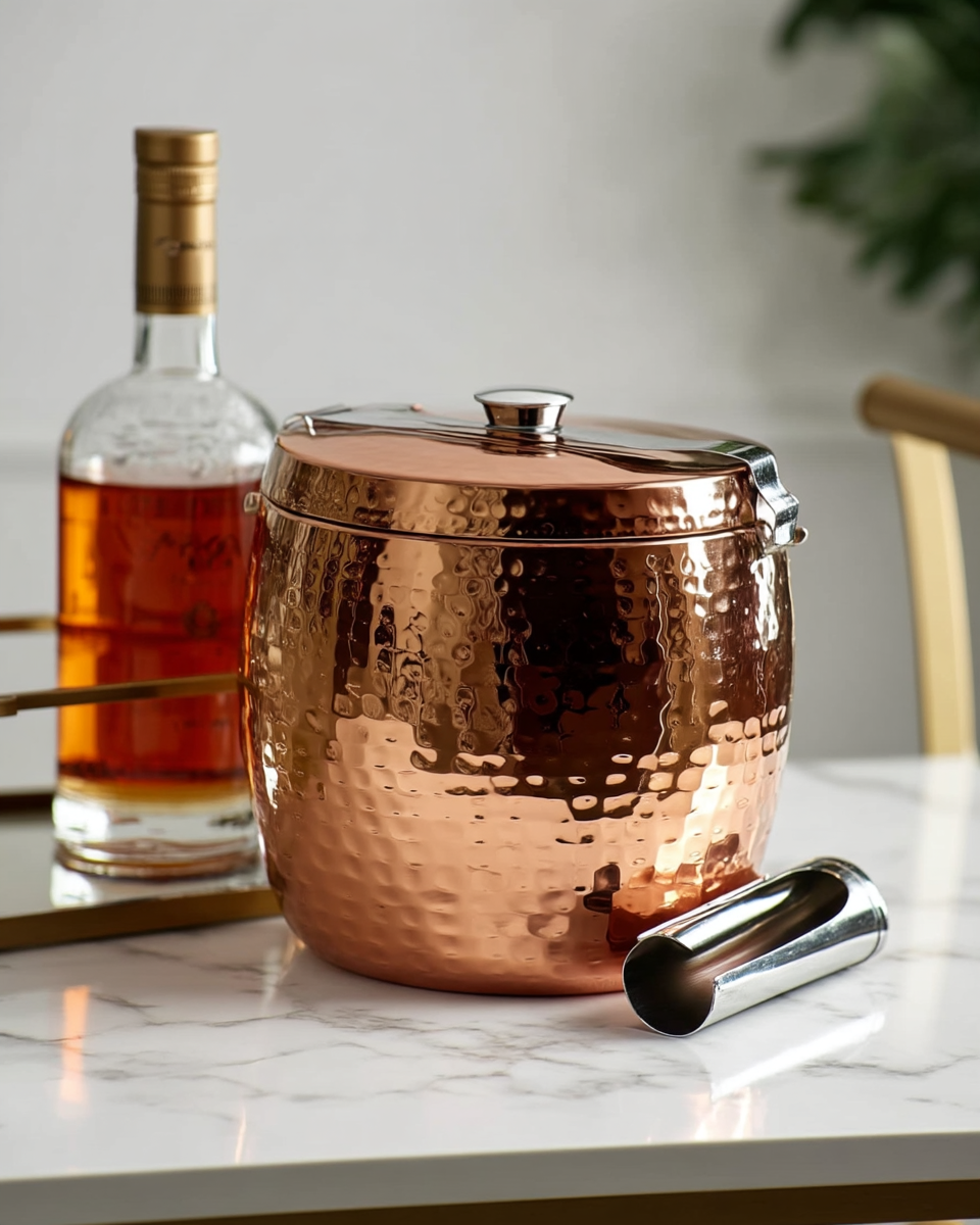 Hammered copper ice bucket with a fitted lid and matching tongs, staged on a marble surface next to a bottle of spirits