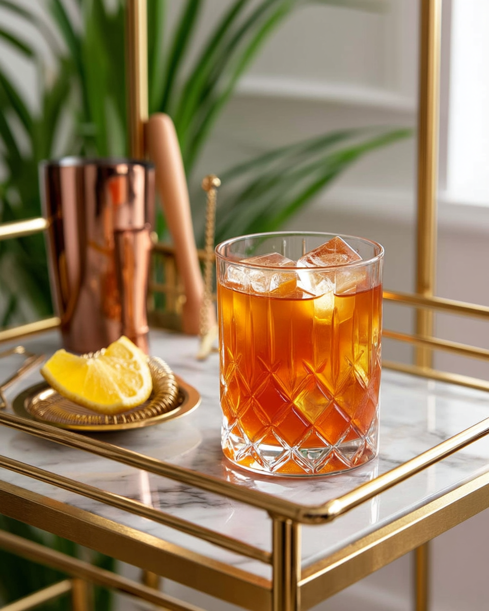 Antique copper cocktail shaker and wood-handled muddler beside a dish of lemon wedges and a finished cocktail over ice on a marble bar cart shelf