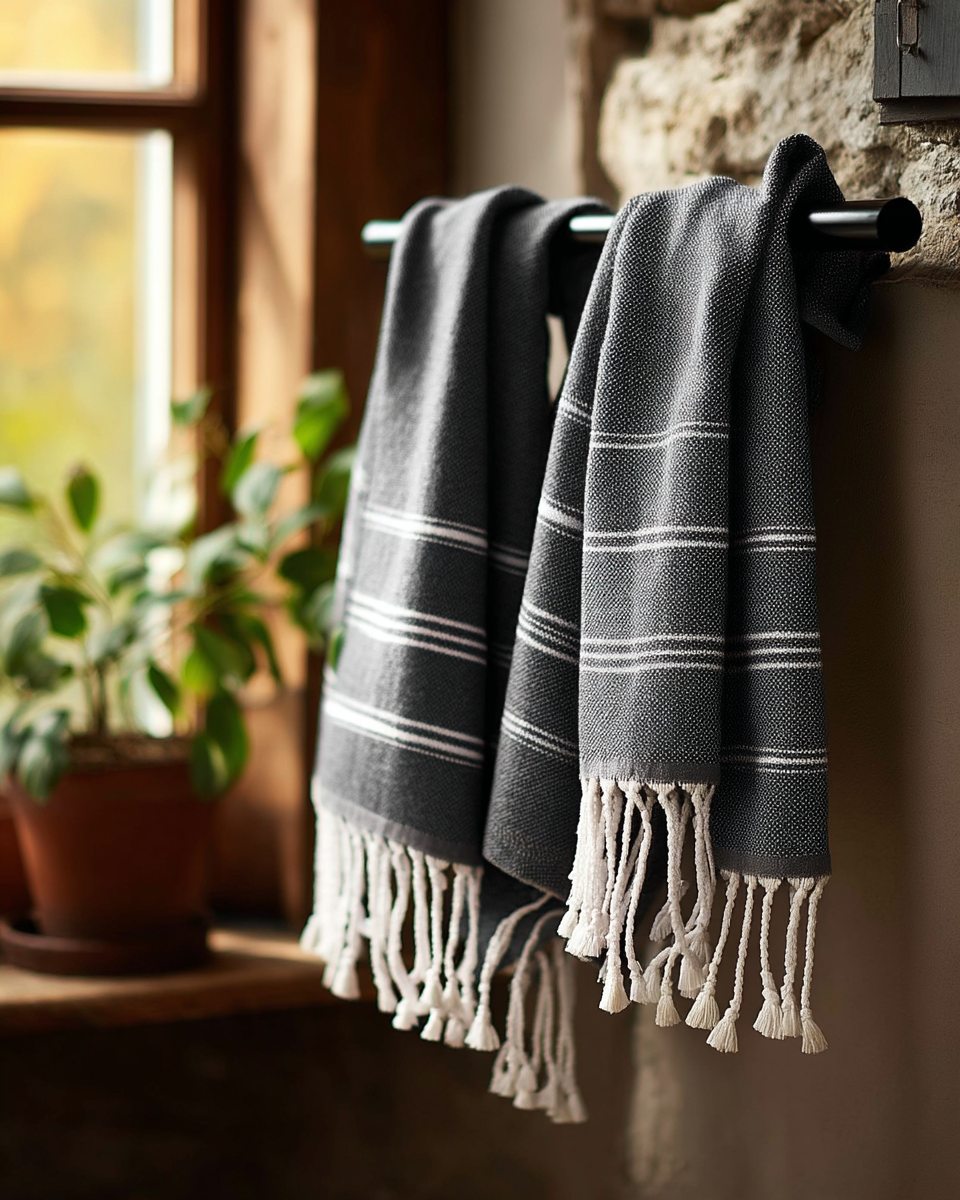 Two charcoal-grey herringbone-weave Turkish hand towels with white stripes and fringed tassels draped over a black towel bar