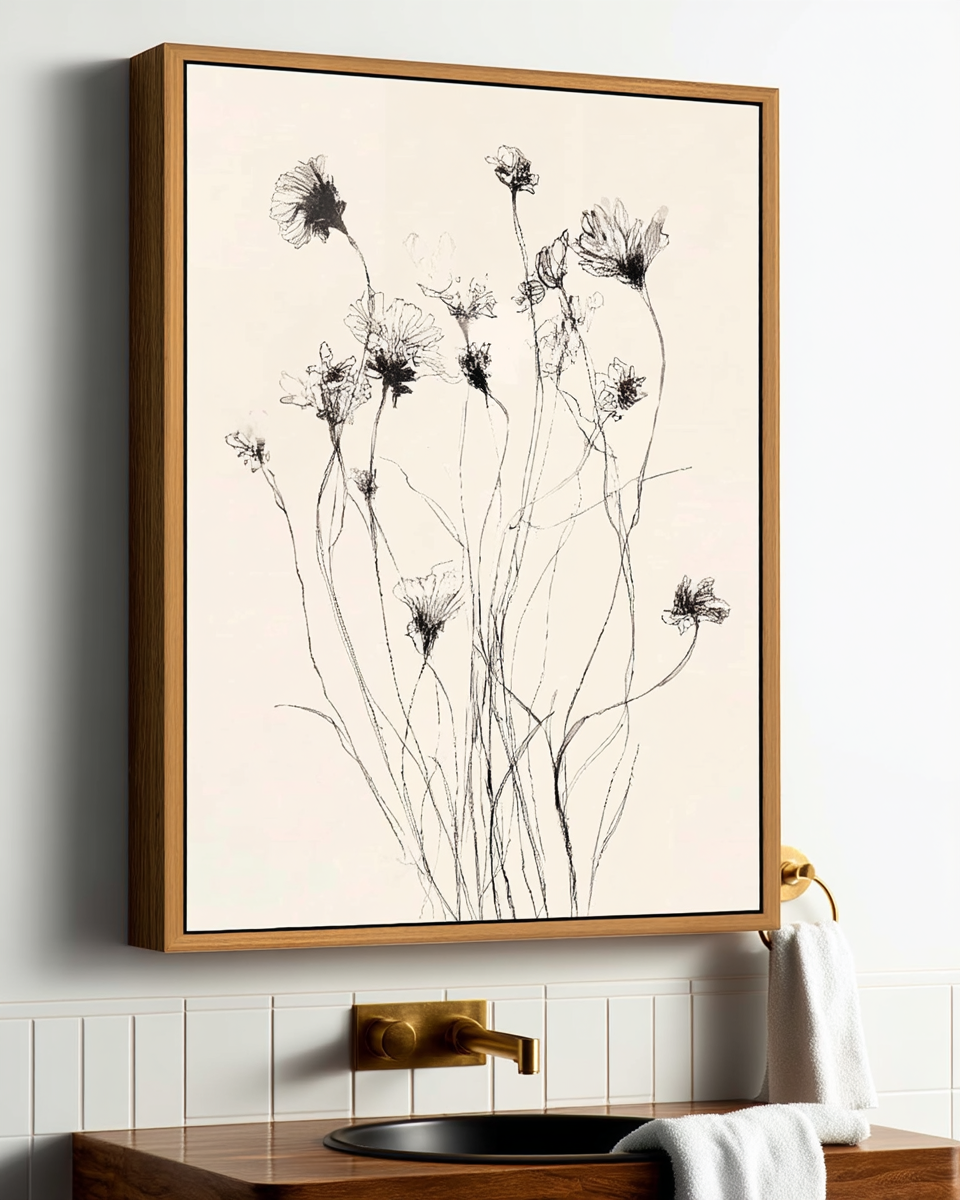 Framed black-ink line sketch of wildflowers on a cream background in a walnut floating frame, mounted above a tiled bathroom vanity with a vessel sink