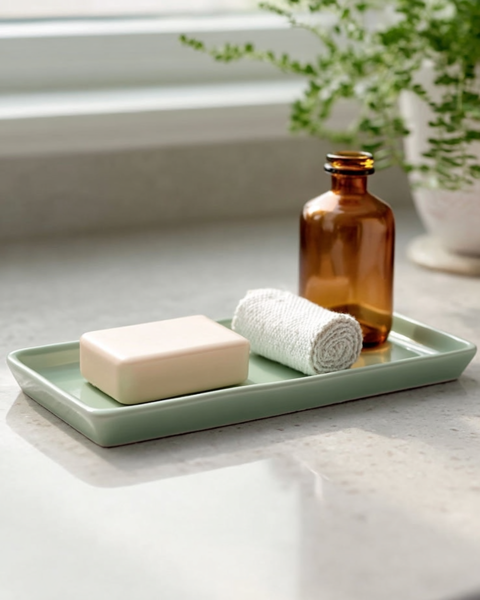 Glossy sage-green rectangular ceramic vanity tray holding a bar of soap, a rolled washcloth, and an amber glass bottle on a stone bathroom counter