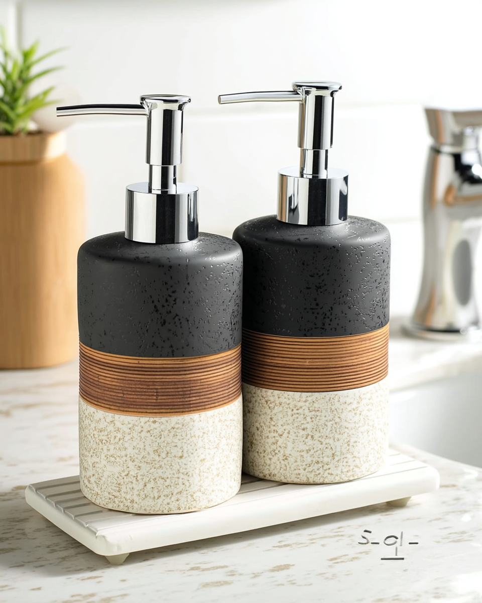 Two matching ceramic soap dispensers with charcoal-black tops, ribbed copper bands, and speckled stone-look bases with chrome pumps, on a bathroom counter