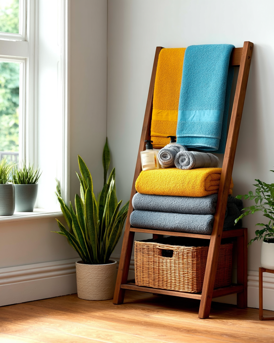 Walnut-toned wood ladder shelf holding folded and rolled towels, ceramic pump bottles, and a woven storage basket on the bottom shelf