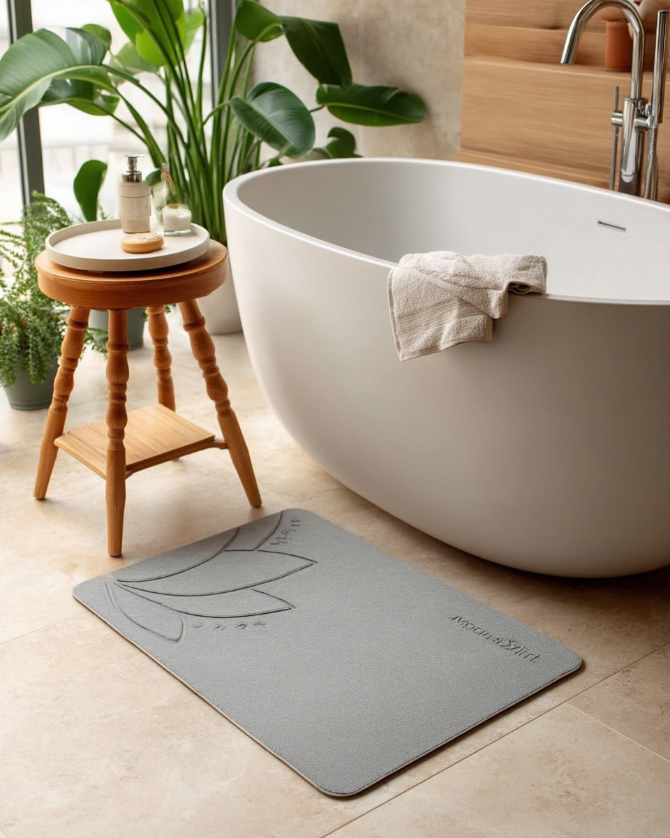 Slim grey stone-textured bath mat with an embossed leaf pattern on travertine tile at the foot of a freestanding tub, beside a wood stool