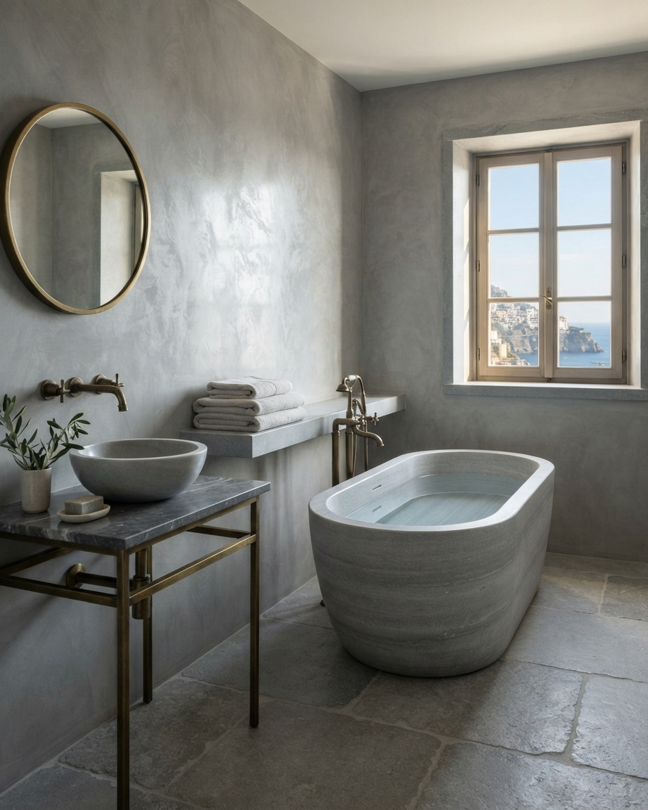Moody grey plaster bathroom with an oval stone tub, round brass-framed mirror, and a window overlooking a coastal cliffside view