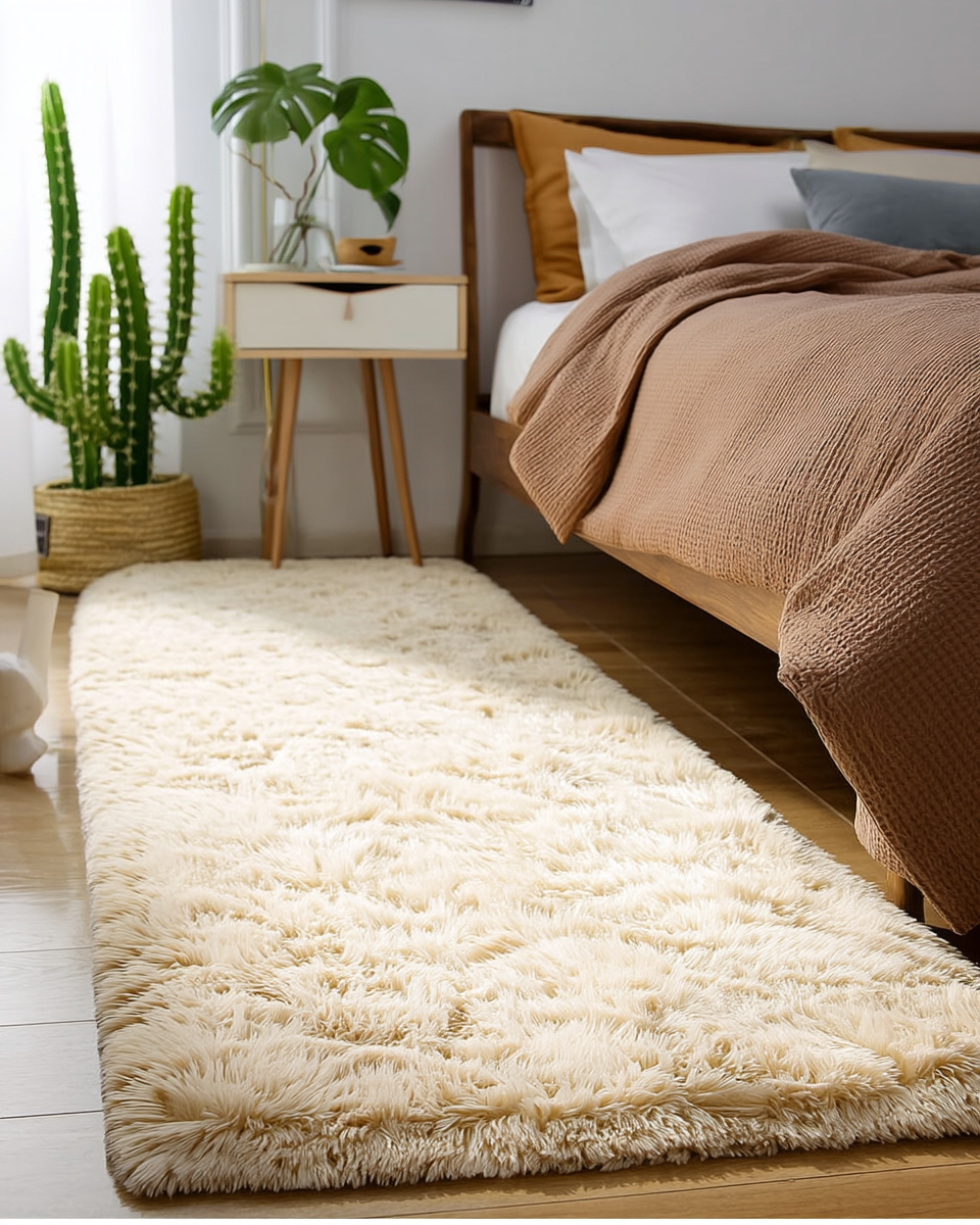 Plush cream shag runner rug laid beside a low mocha-brown wood bedframe with a matching waffle-weave duvet hanging over the mattress edge