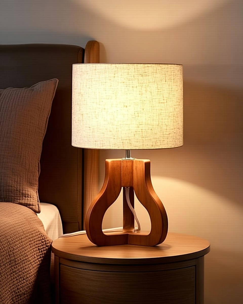 Nightstand table lamp with an open rosewood-toned wood base and a natural linen drum shade, glowing warm beside a mocha-brown waffle-weave duvet