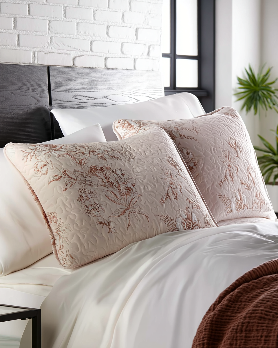 Two quilted euro pillow shams in blush-taupe with a hand-drawn floral toile pattern, stacked against a dark wood headboard on a mocha-brown waffle-weave duvet