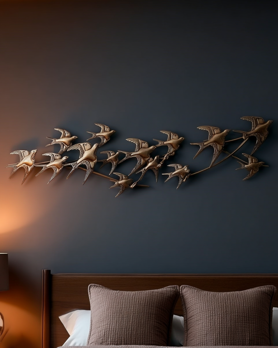 Wide bronze-toned metal wall sculpture of a flock of swallows in flight, mounted above a wood headboard on a deep espresso-brown bedroom wall