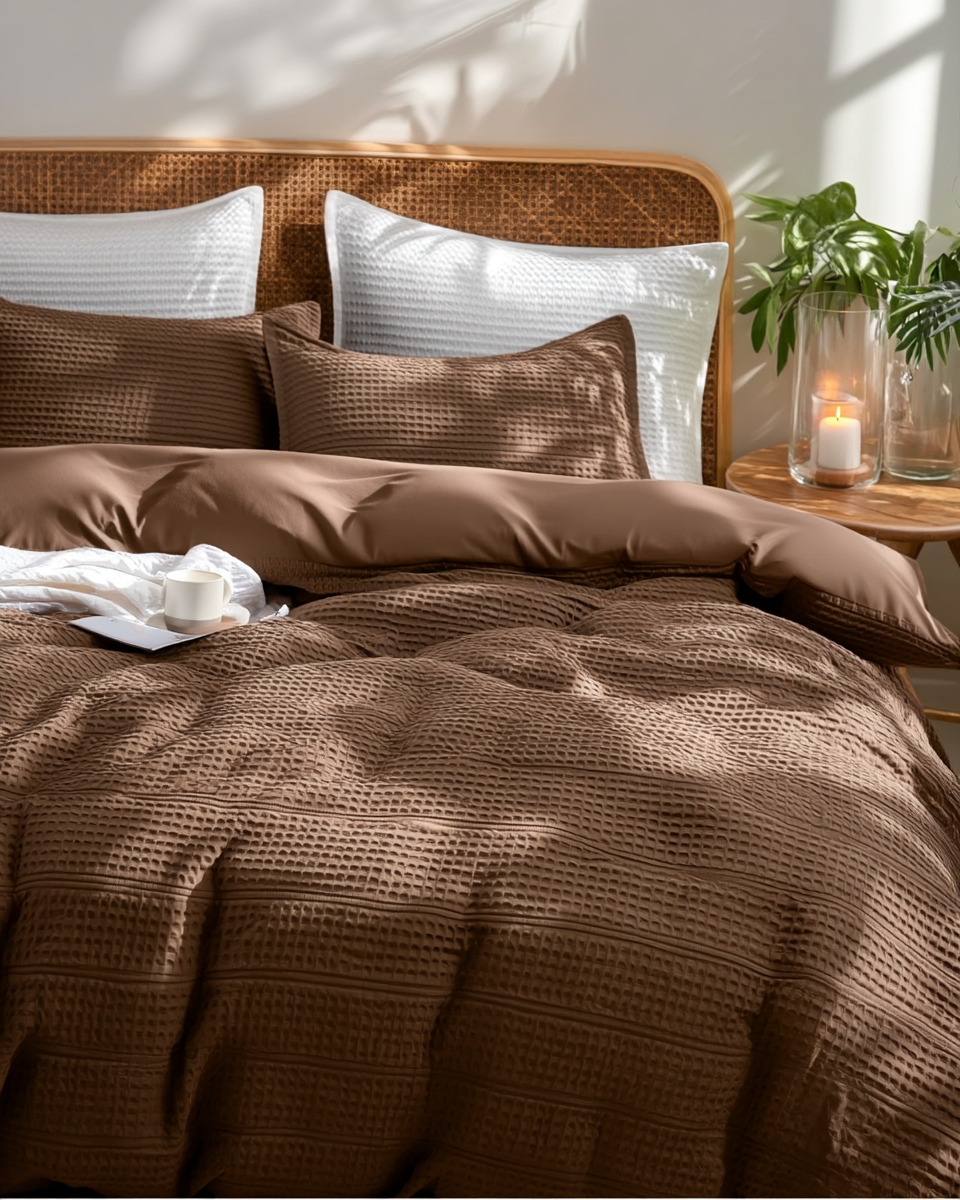 Queen bed made up in a mocha-brown waffle-weave duvet cover with two matching pillow shams against a woven rattan headboard