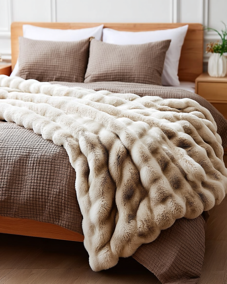 Thick cream faux-fur throw blanket with a raised bubble-texture pile, draped rumpled across the foot of a bed dressed in a mocha-brown waffle-weave duvet