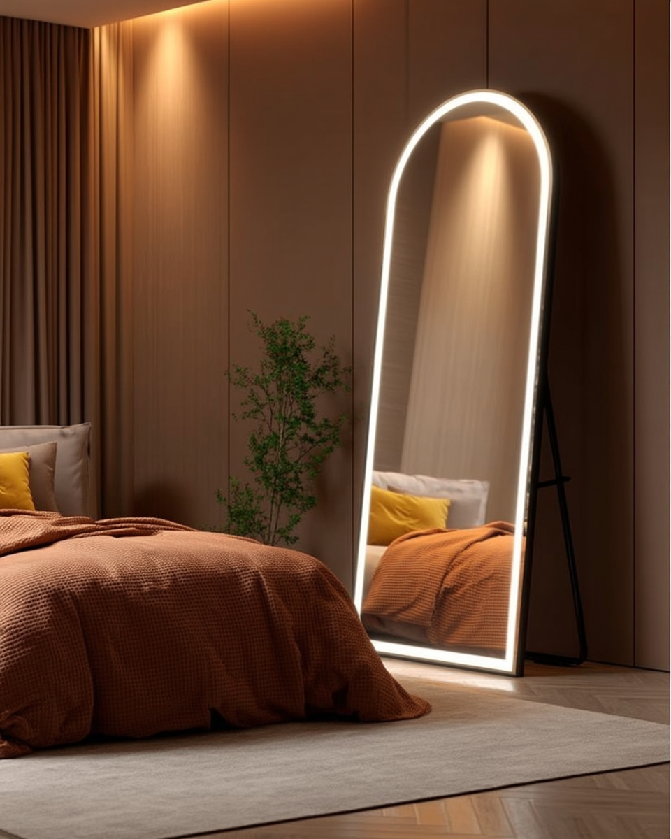 Tall arched full-length mirror in a slim matte-black frame with a warm LED edge light, leaned against an espresso-brown bedroom wall beside the foot of the bed