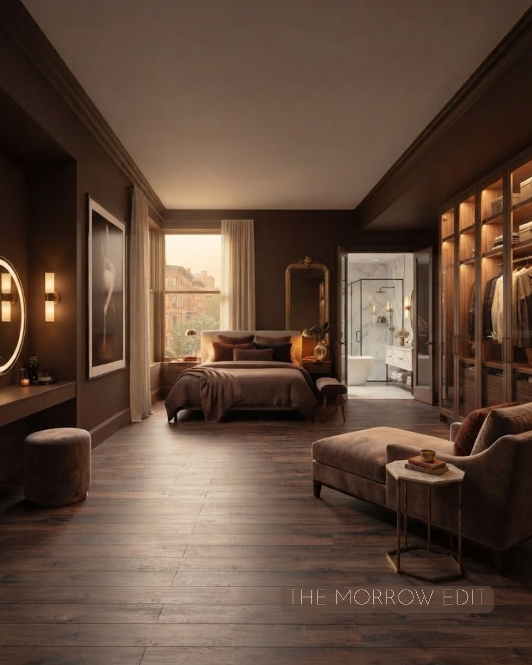 Moody mocha-brown primary bedroom suite with a cognac leather chaise, honey wood floors, brass sconces, and a walk-in closet visible through an open doorway