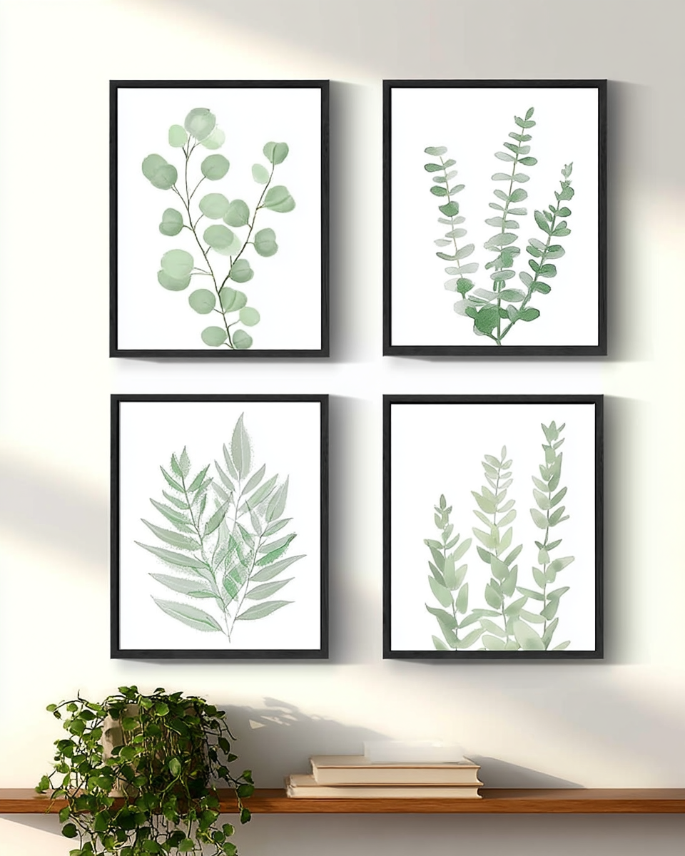Four framed botanical watercolor prints of sage-green eucalyptus and fern branches in thin black frames, hung as a two-by-two grid above a wood shelf with a trailing pothos