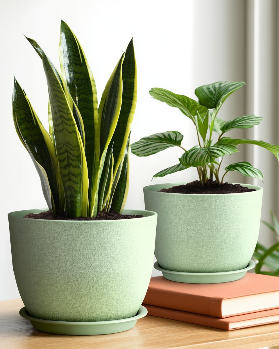 Three graduated sage-green ceramic planters with matching saucers, holding a snake plant and a calathea, next to a stack of terracotta-colored books