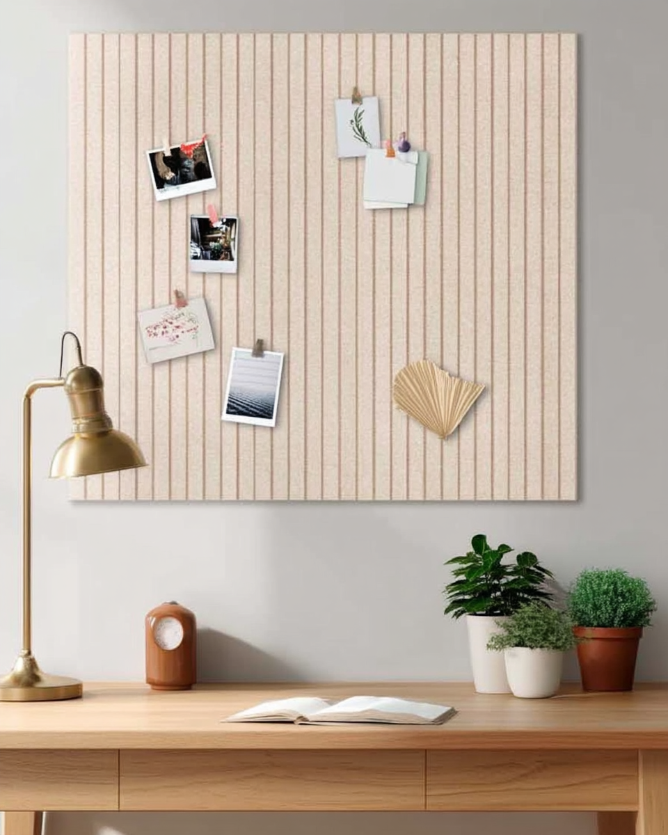 A large tan cork board with a subtle vertical ribbed texture, mounted above a desk and pinned with Polaroid photos and a pressed botanical sprig