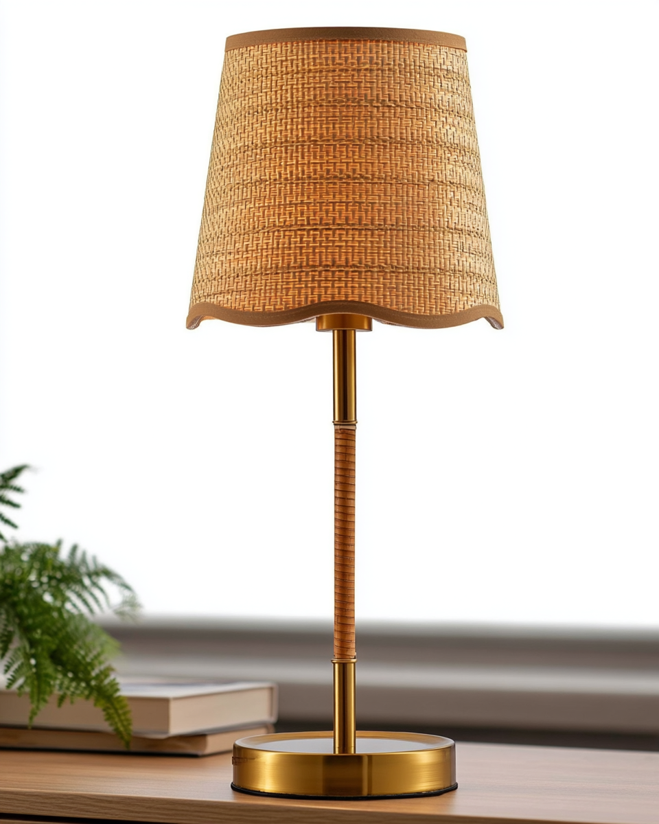 A table lamp with a woven rattan drum shade in a warm honey tone and a brass stem wrapped partway in cane, glowing warm amber on a wood desk