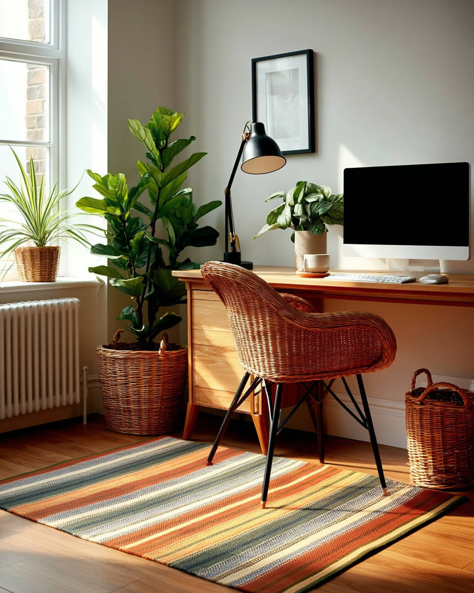 An 8x10 flatweave kilim rug in horizontal stripes of rust, ochre, sage, and cream, laid beneath a light oak desk and a cane-backed swivel chair