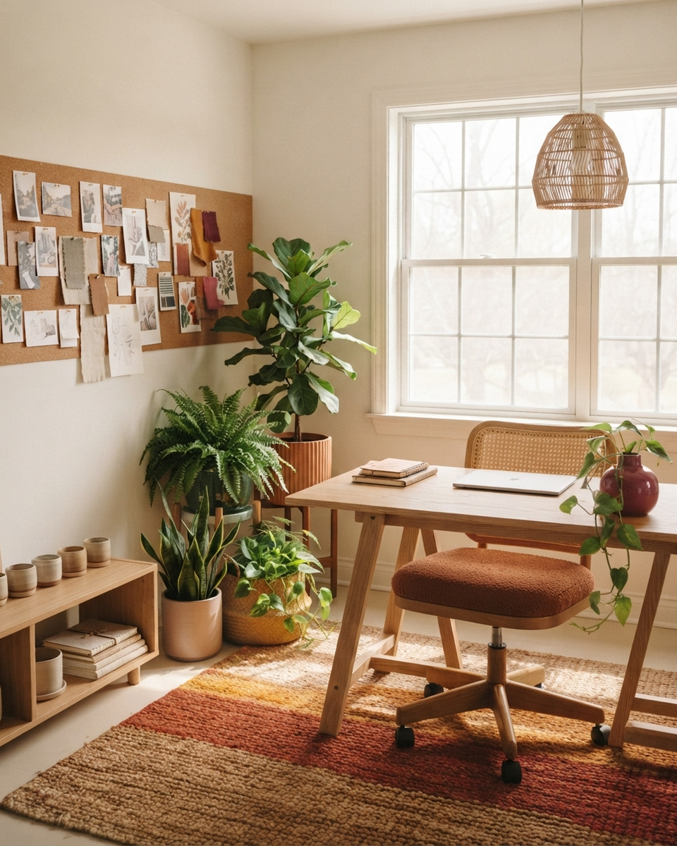 A sunlit home office studio corner with a light oak trestle desk, a cane-backed swivel chair with a rust bouclé cushion, a cork board pinned with photos and fabric swatches, a cluster of potted plants, and a rust-and-ochre striped rug