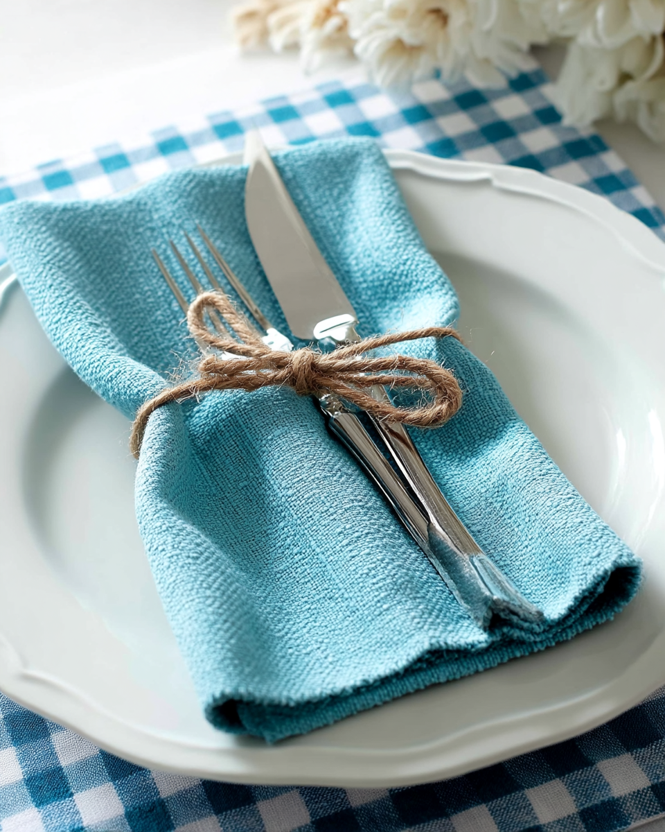 A folded dusty-turquoise cloth napkin tied with a jute twine bow around a fork and knife, resting on a white plate over a blue-and-white gingham placemat