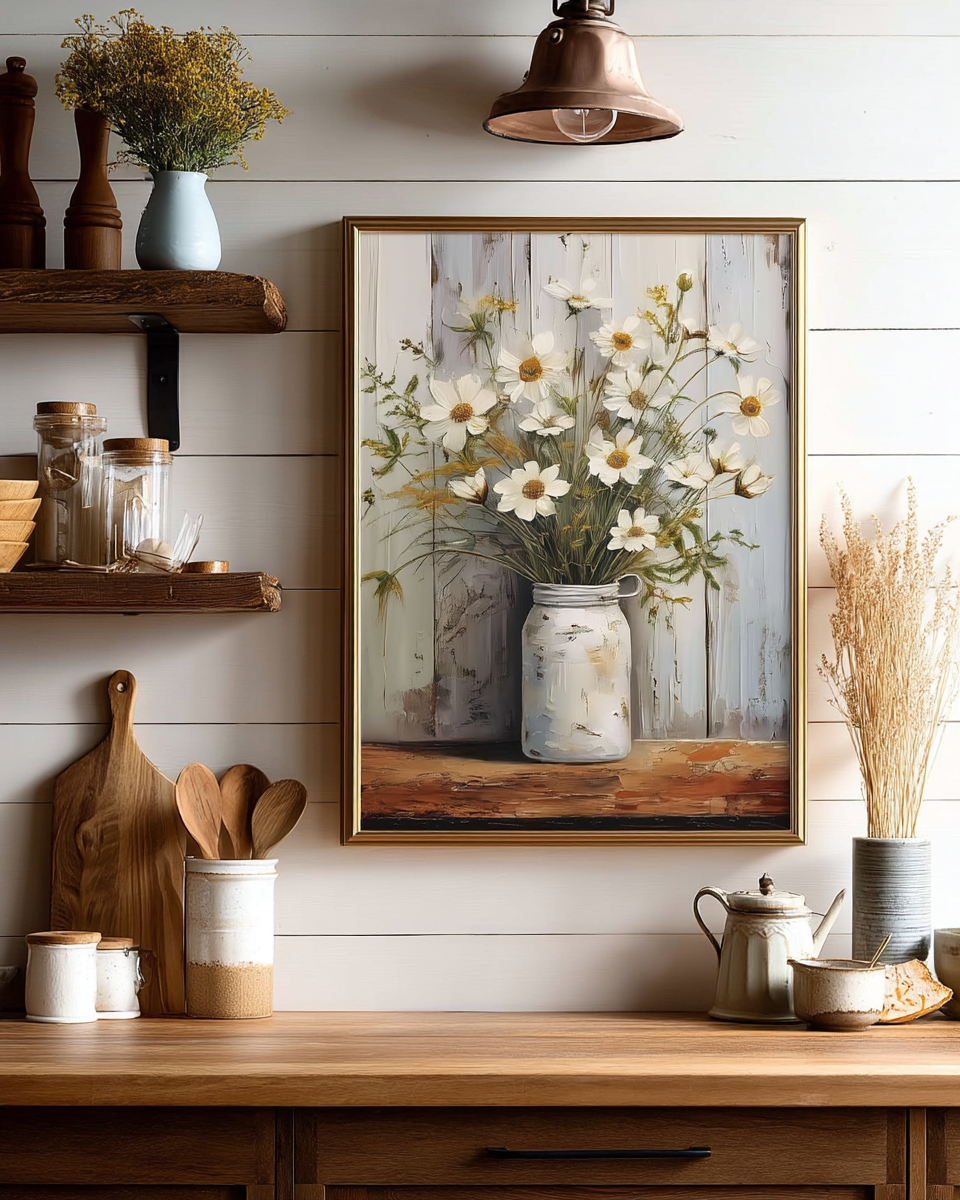 A dark walnut-framed oil painting of white daisies and wildflowers in a distressed white jug, hung on a shiplap wall above a breakfast nook counter