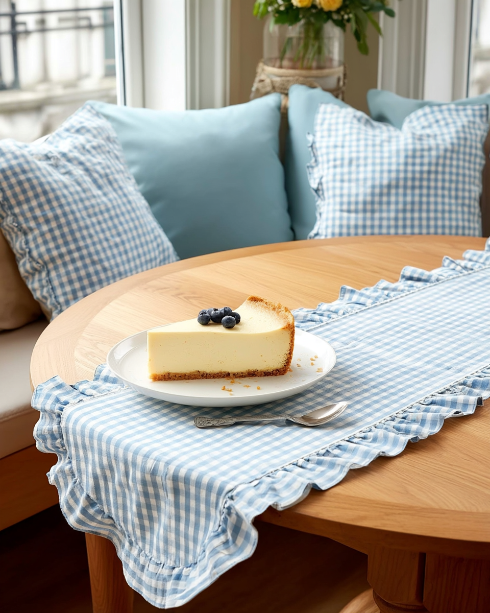 A blue-and-white gingham table runner with ruffled scalloped edges draped down a round wood breakfast table, with a slice of cheesecake on a white plate