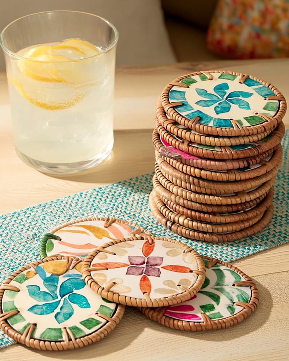 A stack of round rattan-rimmed coasters with colorful hand-painted mosaic patterns, beside a glass of iced lemon water on a breakfast table
