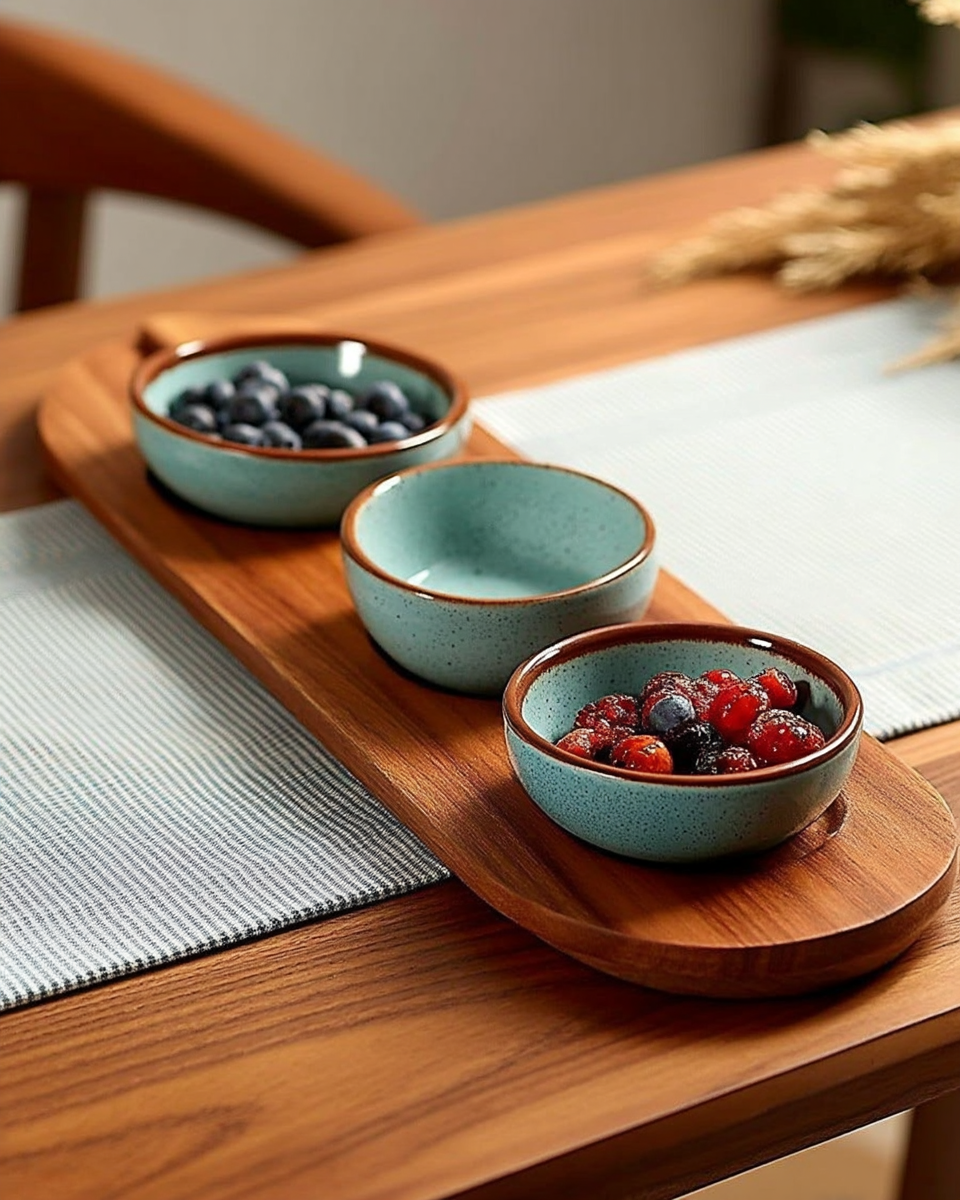 Three turquoise-glazed ceramic bowls holding berries, set into the cutouts of a long acacia wood serving board on a breakfast table