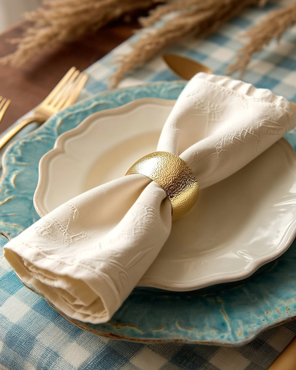 A hammered gold napkin ring wrapped around a folded cream linen napkin, set on a scalloped seafoam ceramic plate with gold flatware